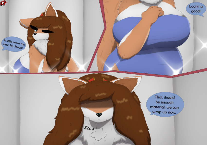 absurd_res accessory anthro belly big_belly big_breasts blue_eyes breasts brown_hair camera_flash canid canine canis cleavage clothed clothing comic countershade_arms countershade_face countershade_torso countershading dialogue domestic_dog dress female fluffy fluffy_tail freckles fur hair hair_accessory hairpin hi_res huge_breasts husky inner_ear_fluff looking_back mammal maya_ichiso model neck_tuft nordic_sled_dog one_eye_closed orange_body orange_fur photo_shoot ponytail pose red_husky sigh simple_background slightly_chubby solo spitz studio stylish_apollo text tired tuft white_background white_body white_fur wide_hips