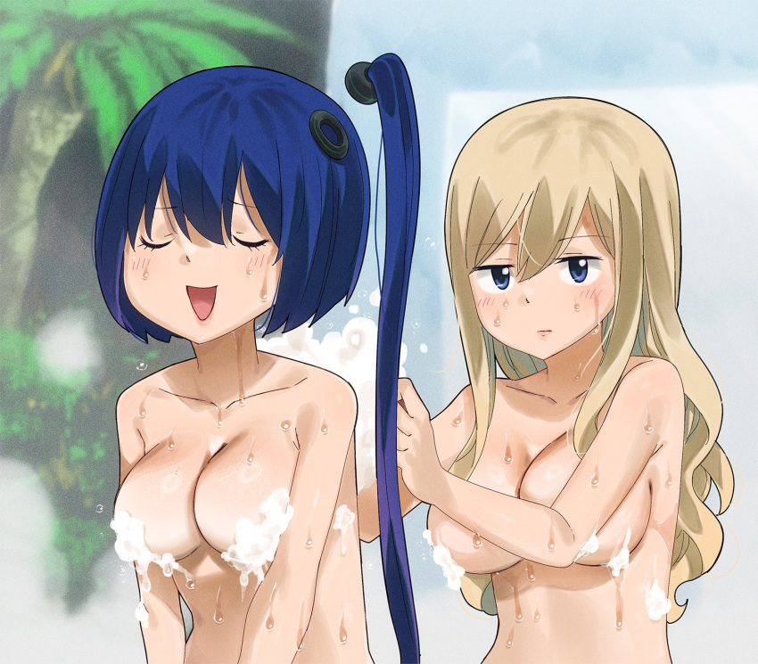 2girls bath bathing blonde_hair blue_eyes blue_hair blush breasts cleavage closed_eyes closed_mouth convenient_censoring dripping eden's_zero foam gaston18 highres labilia_christy large_breasts long_hair multiple_girls nude open_mouth rebecca_bluegarden wet