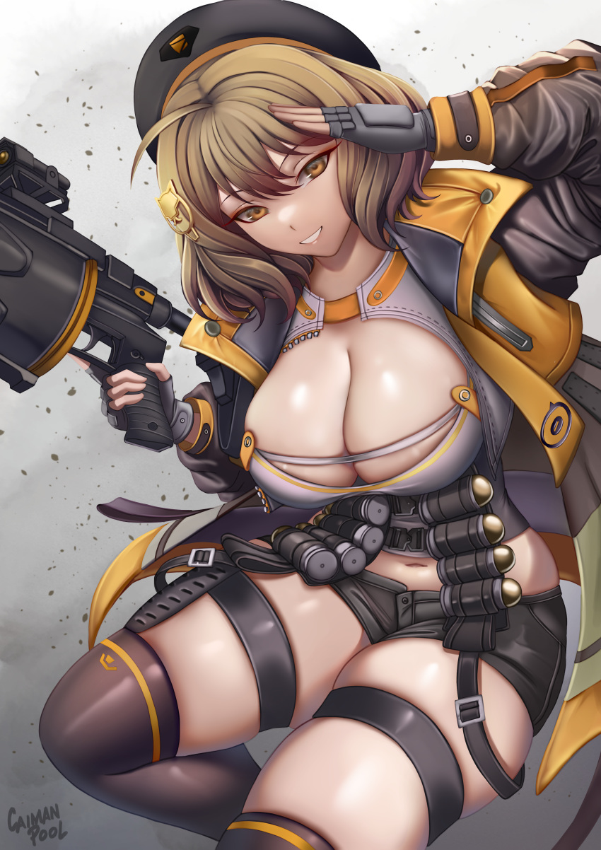 1girl absurdres ahoge ammunition_belt anis_(nikke) artist_name bangs beret black_headwear black_jacket black_shorts black_thighhighs breasts brown_eyes brown_hair caiman_pool cat_hair_ornament cleavage commentary crop_top fingerless_gloves gloves goddess_of_victory:_nikke grenade_launcher grey_gloves grey_shirt grin gun hair_between_eyes hair_ornament hands_up hat highres holding holding_gun holding_weapon jacket large_breasts long_sleeves looking_at_viewer midriff navel open_clothes open_jacket salute shirt short_hair short_shorts shorts sidelocks simple_background skindentation smile solo standing standing_on_one_leg teeth thigh_strap thighhighs weapon