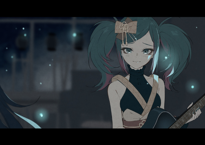 1girl aqua_hair aqua_nails bangs bare_shoulders blurry blurry_background bow breasts eyeliner fireflies green_hair guitar hair_bow hair_ornament hatsune_miku ikanaide_(vocaloid) instrument leo/need_(project_sekai) letterboxed light_smile long_hair looking_at_viewer makeup multicolored_hair obi out_of_frame paperclip_hair_ornament purple_hair sad sash sidelocks sleeveless smile solo_focus streaked_hair suzukou twintails upper_body vocaloid
