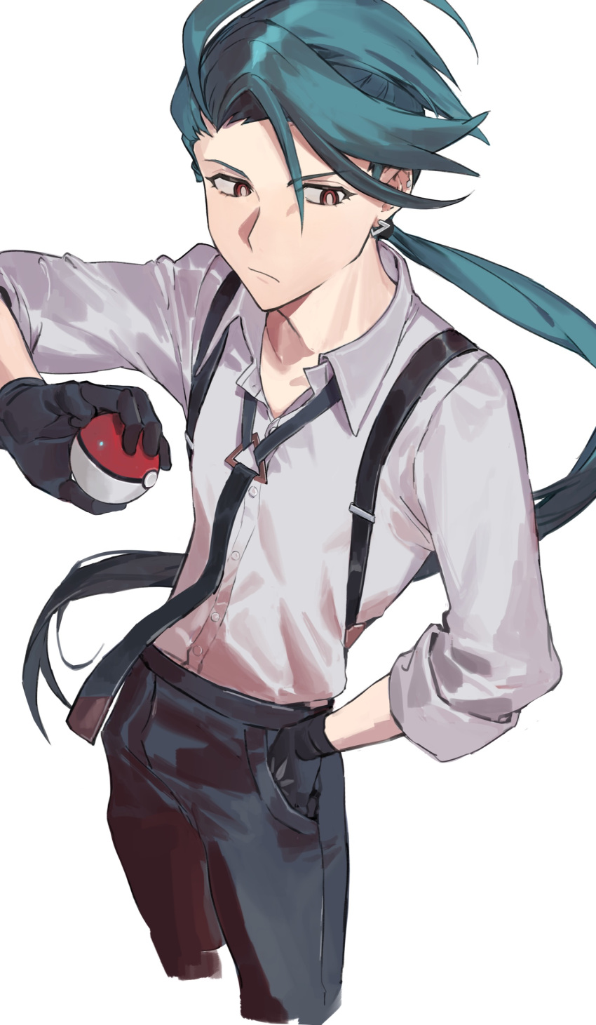 1girl absurdres black_gloves black_necktie black_pants bright_pupils brown_eyes collared_shirt commentary eyelashes gloves green_hair grey_shirt hand_in_pocket hashibiro_kou_(garapiko_p) highres holding holding_poke_ball long_hair looking_to_the_side necktie pants poke_ball poke_ball_(basic) pokemon pokemon_(game) pokemon_sv ponytail rika_(pokemon) shirt sleeves_rolled_up solo suspenders white_background