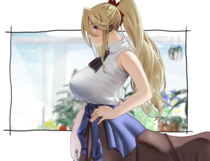 1girl animal_ears ascot bangs bare_shoulders black_ascot blonde_hair blue_eyes blue_jacket breasts centaur centorea_shianus closed_mouth clothes_around_waist collared_shirt commentary_request covered_nipples cowboy_shot earrings from_side hair_between_eyes hair_ribbon hand_on_hip highres horse_ears imaani jacket jacket_around_waist jewelry large_breasts long_hair looking_at_viewer monster_girl monster_musume_no_iru_nichijou pointy_ears ponytail profile red_ribbon ribbon shirt sidelocks sleeveless sleeveless_shirt solo standing taur white_shirt