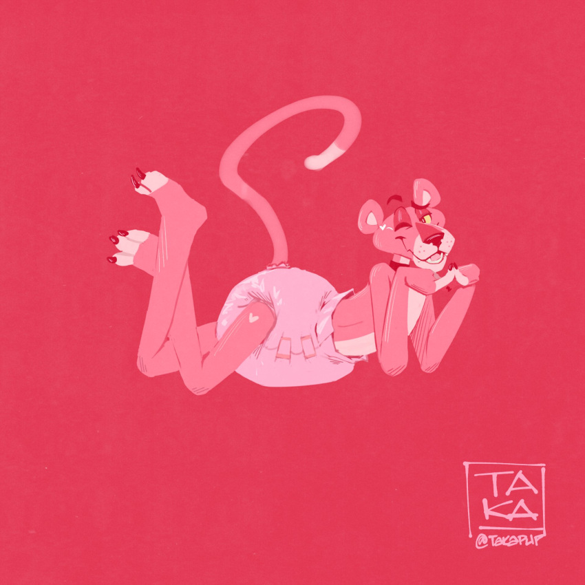 &lt;3 anthro claws collar diaper feet_up felid head_on_hands hi_res looking_at_viewer lying male mammal on_front one_eye_closed pantherine pink_panther simple_background smile solo takapup teeth watermark wink