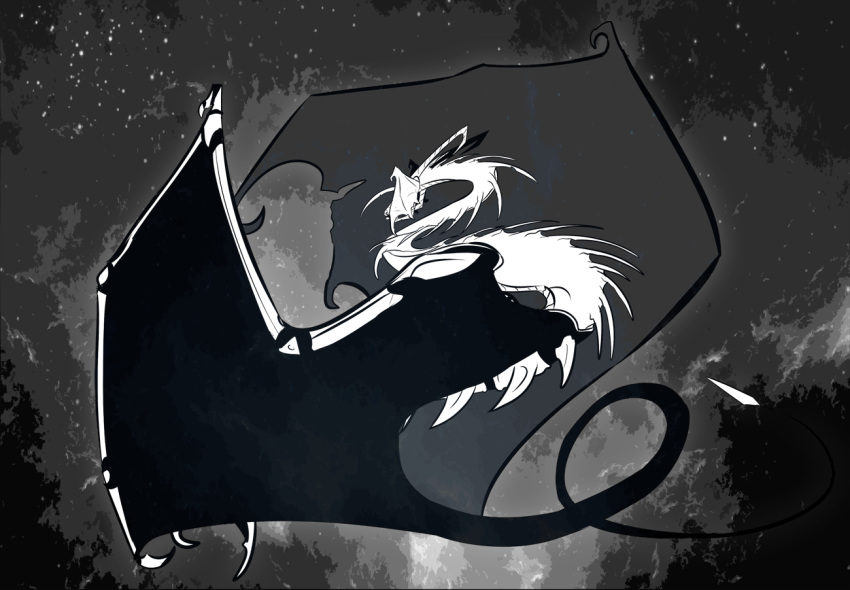 abstract_background ambiguous_gender dragon feral full-length_portrait kardinaluz membrane_(anatomy) membranous_wings monochrome obscured_eyes portrait shadowwolfhunter side_view solo spade_tail wing_claws wings