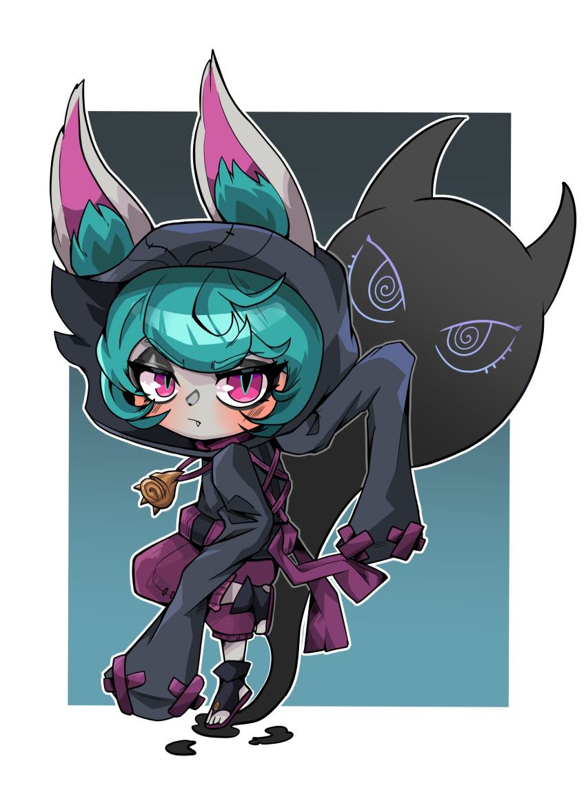 1girl absurdres animal_ear_fluff bangs beseunaj-jamjaneun_gemdol-i black_background black_hoodie blush closed_mouth ears_through_headwear fang from_side full_body green_background green_hair highres hood hoodie league_of_legends long_sleeves looking_at_viewer multicolored_background pants pink_eyes pink_pants sandals shiny shiny_hair shoes short_hair sleeves_past_fingers sleeves_past_wrists slit_pupils standing standing_on_one_leg vex_(league_of_legends) vex_shadow_(league_of_legends)