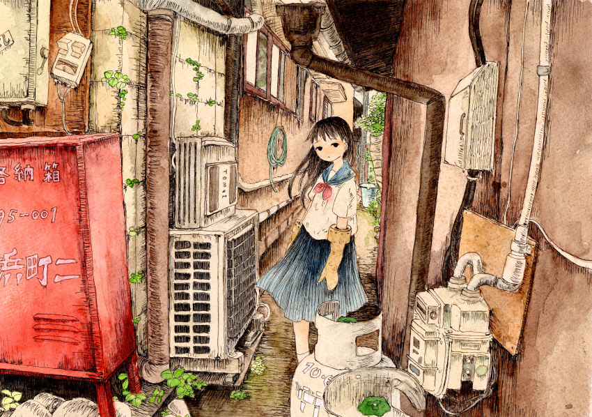 1girl absurdres air_conditioner alley black_eyes blue_skirt brown_gloves brown_hair drainpipe fujitoma gloves highres hose long_hair looking_at_viewer neckerchief original painting_(medium) propane_tank red_neckerchief scenery school_uniform serafuku shirt short_sleeves skirt standing traditional_media watercolor_(medium) white_shirt