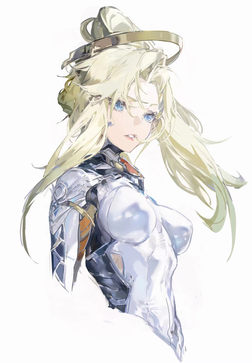 1girl blonde_hair breasts cropped_torso floating_hair halo highres looking_afar mechanical_halo medium_breasts mercy_(overwatch) messikid overwatch overwatch_1 simple_background solo upper_body white_background