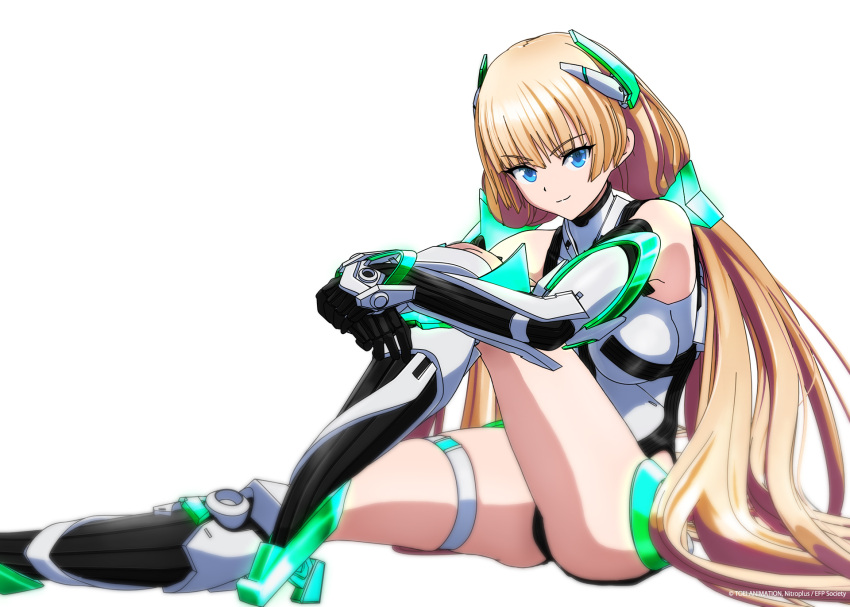 1girl angela_balzac bare_shoulders black_footwear black_gloves blonde_hair blue_eyes boots breasts covered_navel deva_battle_suit elbow_gloves gloves headgear highleg highleg_leotard highres large_breasts leotard long_hair looking_at_viewer low_twintails official_art pilot_suit rakuen_tsuihou simple_background sitting skin_tight solo thigh_strap twintails very_long_hair white_background white_leotard