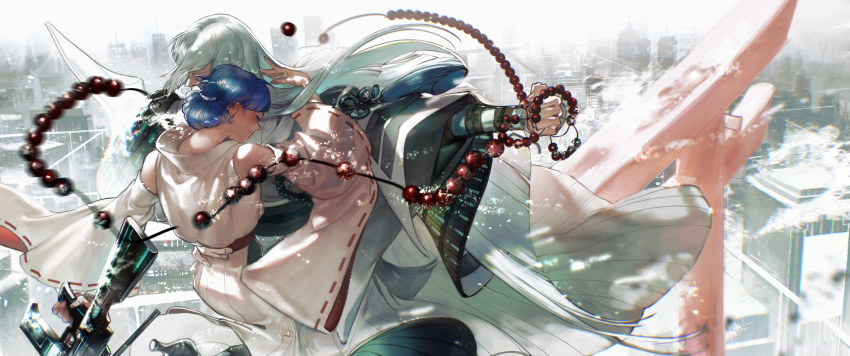 1girl absurdres animal_ears aqua_hair bangs bare_shoulders bead_necklace beads blue_hair blunt_bangs blunt_ends blush broken_necklace cityscape closed_eyes covered_mouth detached_sleeves feet_out_of_frame female_saniwa_(touken_ranbu) floating_hair folded_ponytail grey_hair gun hand_on_another's_waist hand_up high_heels highres holding holding_gun holding_weapon hug japanese_clothes jewelry kariginu kousetsu_samonji light_particles long_hair long_sleeves mole mole_under_eye motion_blur necklace outdoors outstretched_arm prayer_beads profile renimo-deer ribbon-trimmed_sleeves ribbon_trim robe smile tassel torii touken_ranbu very_long_hair weapon wide_sleeves