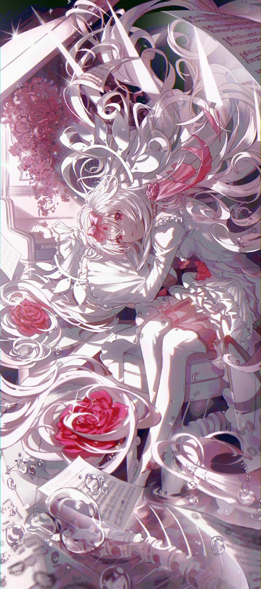 1girl absurdres arcaea bangs bow bubble dress flower full_body hair_bow hair_ornament highres hikari_(arcaea) instrument long_hair long_sleeves looking_at_viewer paper parted_lips piano pink_bow pink_garter_straps red_eyes sheet_music sitting siyrgr smile solo thighhighs very_long_hair white_dress white_hair white_thighhighs