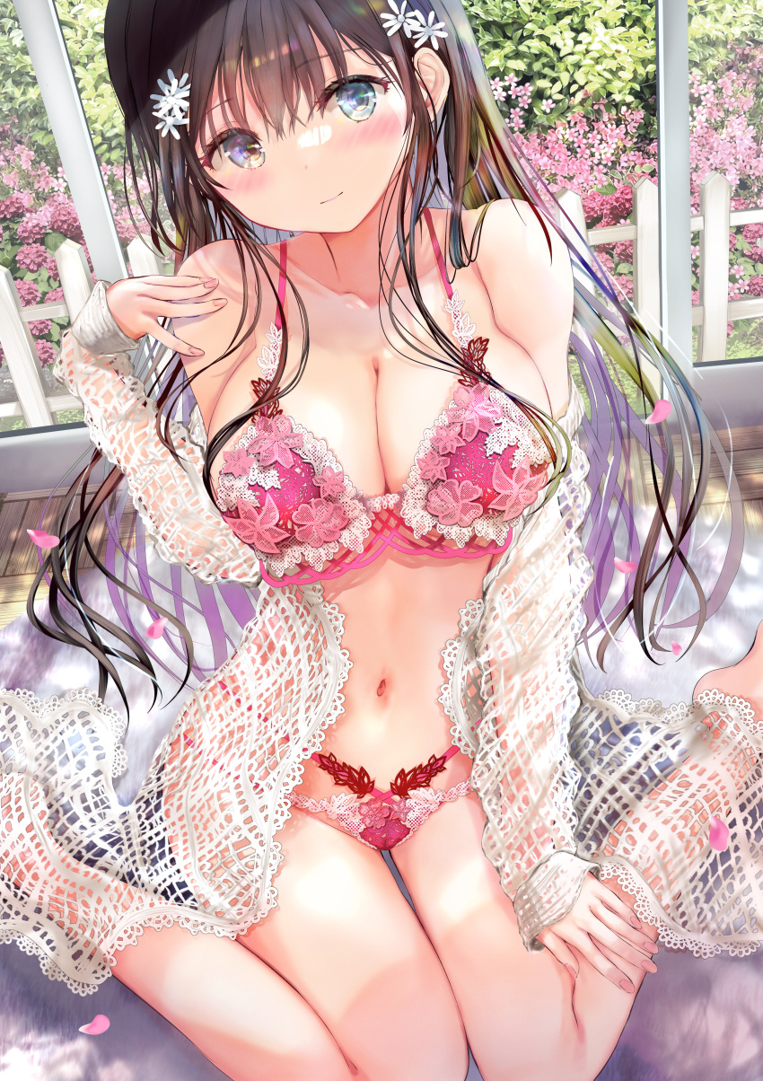 1girl absurdres black_hair blush border bra breasts cleavage collarbone commentary_request embarrassed flower hair_flower hair_ornament hand_on_own_shoulder head_tilt highres lace-trimmed_bra lace-trimmed_panties lace_trim large_breasts lingerie long_hair looking_at_viewer navel nose_blush ogata_tei on_floor original panties petals red_bra red_panties sitting smile solo table underwear wariza wooden_floor wooden_table