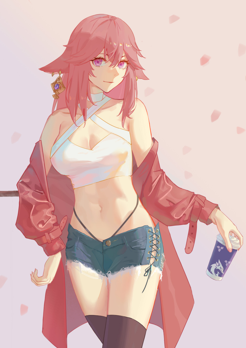 1girl alternate_costume animal_ears bangs bare_shoulders black_thighhighs breasts choker cleavage coat coffee_cup comet_(user_fjsa4577) commentary cowboy_shot criss-cross_halter crop_top cup cutoffs denim denim_shorts disposable_cup english_commentary fox_ears genshin_impact gradient gradient_background grey_background hair_between_eyes halterneck highres holding large_breasts long_hair long_sleeves looking_at_viewer midriff navel off_shoulder open_clothes open_coat pink_background pink_hair purple_eyes red_coat short_shorts shorts solo standing stomach thighhighs thighs white_choker yae_miko