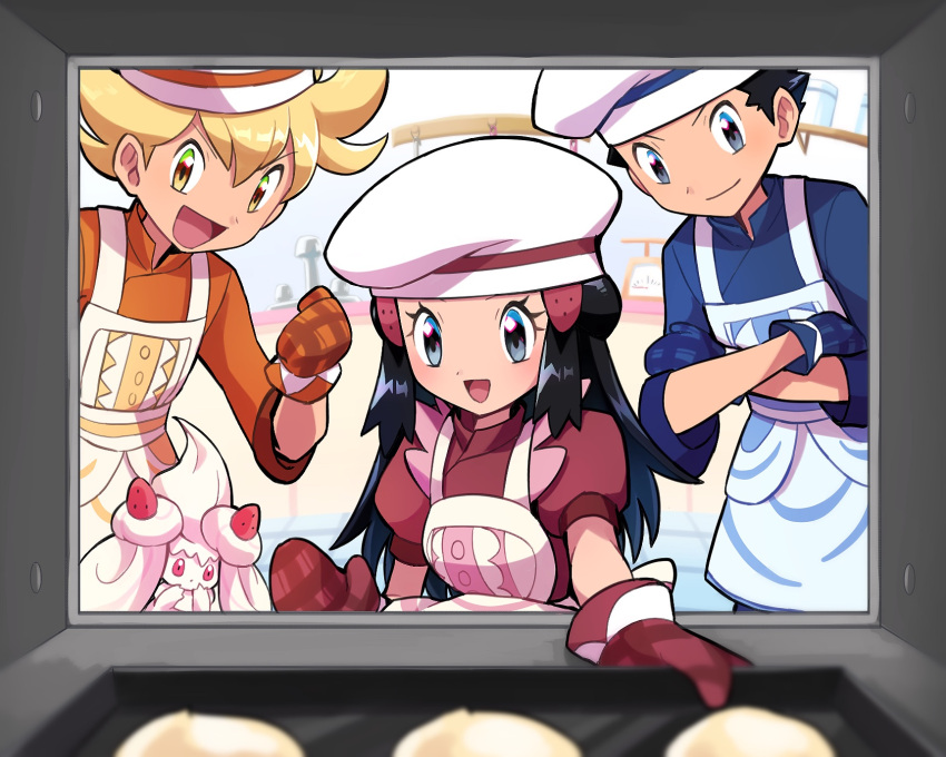 1girl 2boys :d alcremie apron barry_(pokemon) black_eyes black_hair blonde_hair blue_jacket blurry blurry_foreground brown_eyes closed_mouth commentary_request crossed_arms dawn_(palentine's_2021)_(pokemon) dawn_(pokemon) hat highres jacket long_hair lucas_(pokemon) mittens multiple_boys official_alternate_costume open_mouth orange_jacket pokemon pokemon_(game) pokemon_dppt pokemon_masters_ex red_jacket sawarabi_(sawarabi725) shiny shiny_hair short_sleeves smile twitter_username white_headwear