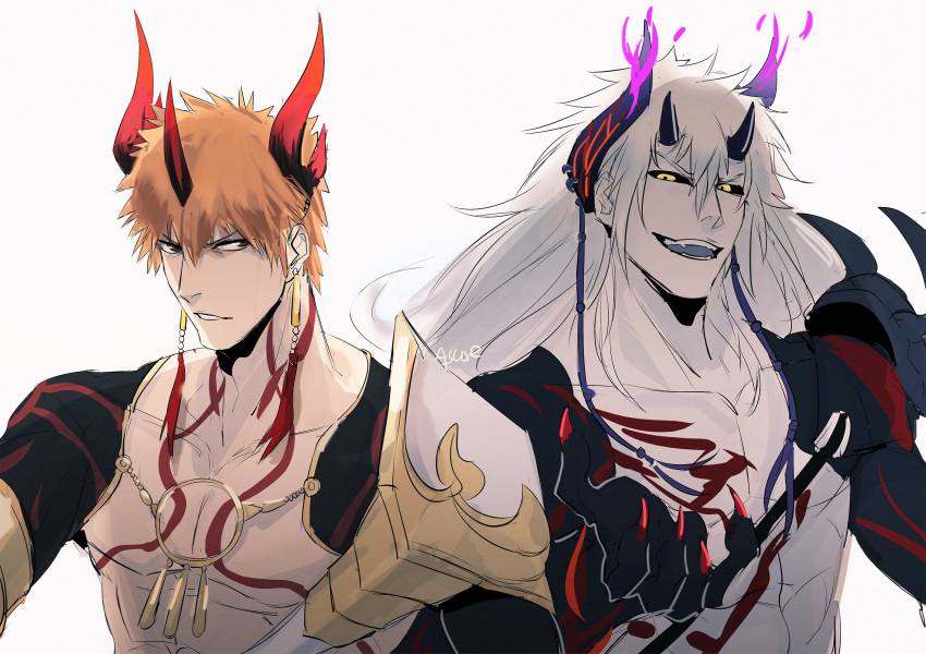 2boys asure_(asure_twi) black_sclera bleach collarbone colored_sclera earrings grey_hair highres hollow_ichigo horns jewelry kurosaki_ichigo long_hair looking_at_viewer male_focus multiple_boys muscular muscular_male open_mouth orange_hair pectorals teeth topless_male yellow_eyes