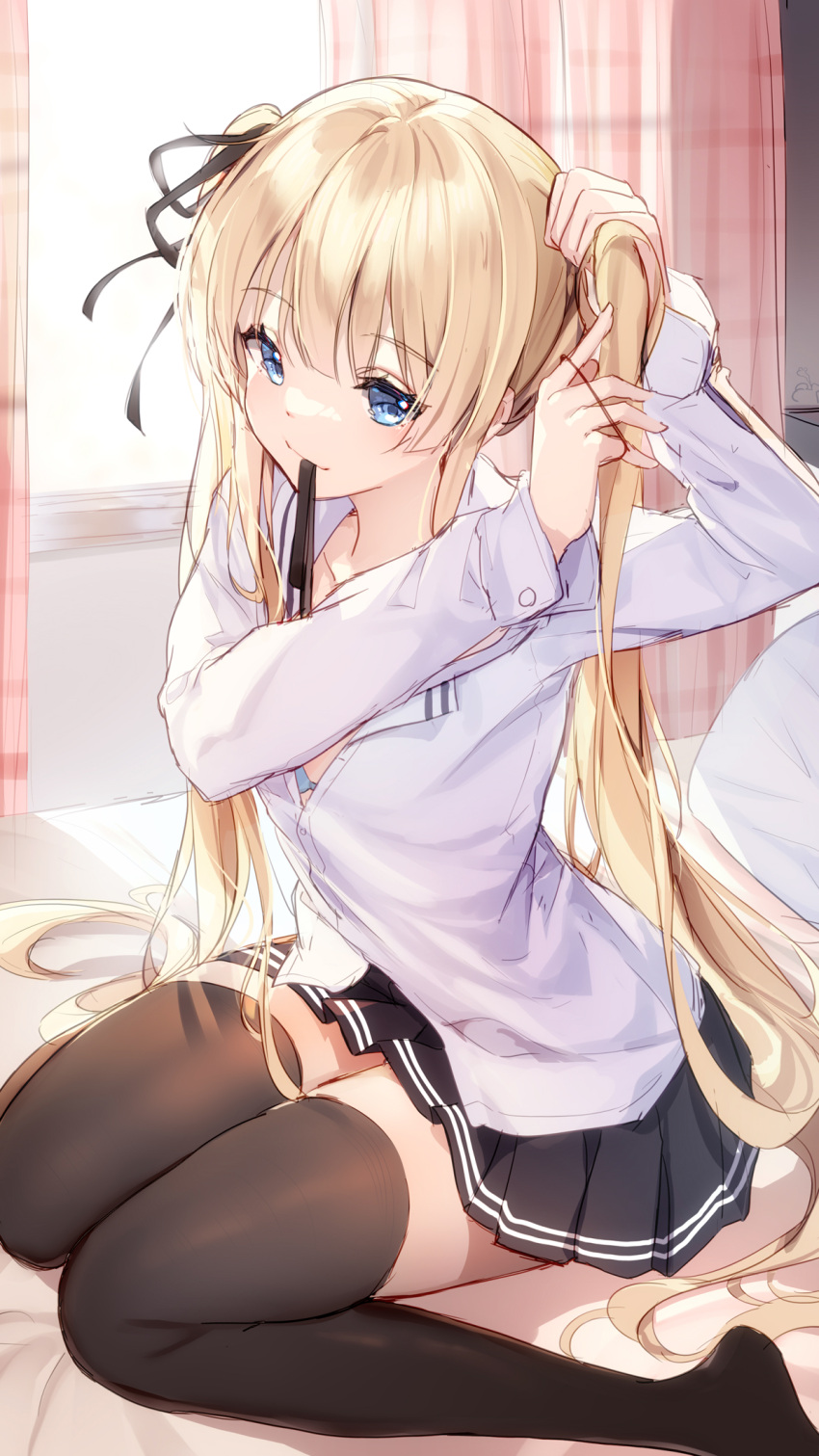 1girl bangs bison_cangshu black_ribbon black_skirt black_thighhighs blonde_hair blue_bra blue_eyes bra closed_mouth collarbone collared_shirt commentary_request curtains day dress_shirt hair_ribbon hair_tie highres indoors mouth_hold no_shoes on_bed pillow pleated_skirt ribbon saenai_heroine_no_sodatekata sawamura_spencer_eriri shirt sitting skirt solo sunlight thighhighs twintails tying_hair underwear wariza white_shirt window