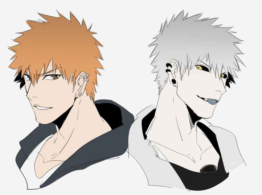 2boys asure_(asure_twi) black_sclera bleach blue_tongue brown_eyes collarbone colored_sclera colored_tongue earrings fang grey_hair highres hollow_ichigo jewelry kurosaki_ichigo male_focus multiple_boys orange_hair pale_skin piercing short_hair spiked_hair tongue tongue_piercing yellow_eyes