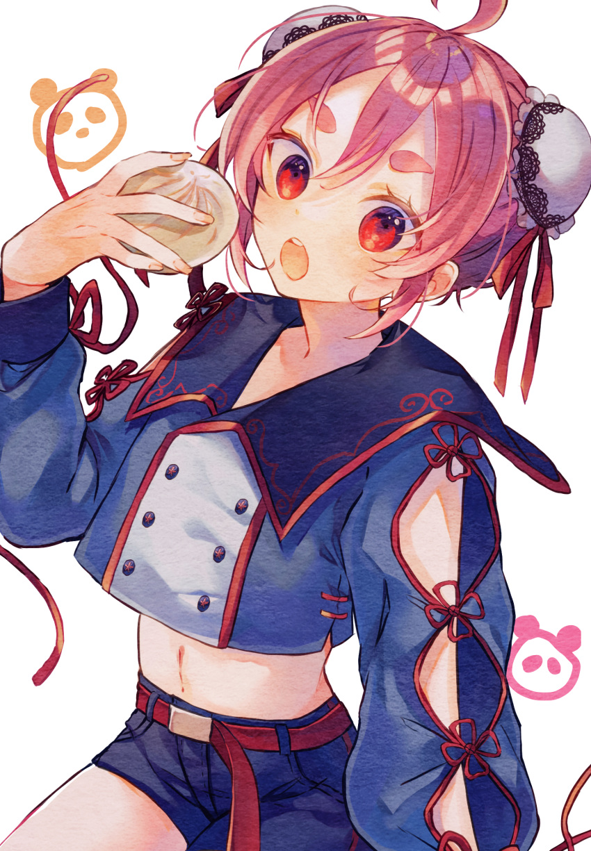 1girl :o ahoge asymmetrical_pants baozi belt belt_buckle blue_shirt blue_shorts buckle bun_cover commentary_request crop_top double_bun food hair_bun highres holding holding_food long_sleeves looking_at_viewer midriff naoton navel open_mouth original puffy_long_sleeves puffy_sleeves red_belt red_eyes red_hair shirt short_eyebrows short_shorts shorts simple_background solo thick_eyebrows white_background