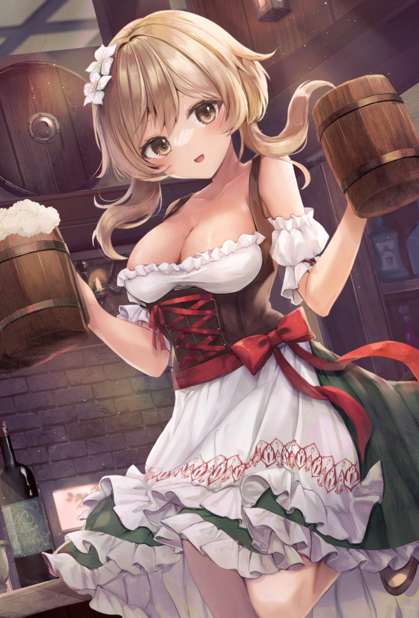 1girl :d alcohol alternate_costume bare_shoulders barmaid beer_keg beer_mug blonde_hair bottle bow breasts brick_wall collarbone commentary_request corset cross-laced_clothes cup detached_sleeves dirndl dress drink dutch_angle floating_hair flower frilled_dress frilled_sleeves frills genshin_impact german_clothes hair_flower hair_ornament hands_up highres holding holding_drink indoors itone_114 layered_dress leg_up lily_(flower) looking_at_viewer low_neckline lumine_(genshin_impact) maid medium_breasts mug open_mouth red_bow short_hair_with_long_locks short_sleeves shoulder_strap smile solo standing standing_on_one_leg underbust white_dress white_flower white_sleeves yellow_eyes