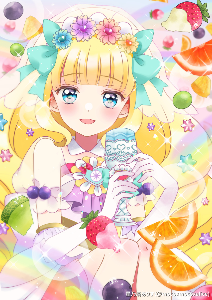 1girl :d absurdres aqua_bow artist_name bangs blonde_hair blue_eyes blunt_bangs bow brooch cup cure_finale cure_finale_(party_up_style) delicious_party_precure dot_nose elbow_gloves flower food food-themed_background frills fruit gloves grapes hair_flower hair_ornament heart_brooch highres holding holding_cup hoshinokuzu_alice jewelry kasai_amane long_hair looking_at_viewer magical_girl open_mouth orange_(fruit) orange_slice precure puffy_sleeves rainbow rainbow_background see-through see-through_sleeves sitting smile solo sparkle star_(symbol) star_hair_ornament strawberry twitter_username veil whipped_cream white_gloves