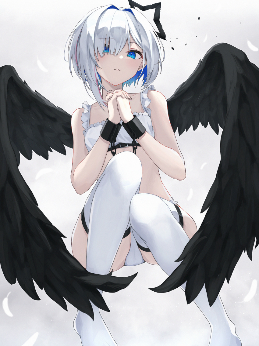 1girl absurdres amane_kanata angel black_wings blue_eyes blue_hair chain colored_inner_hair cuffs fallen_angel feathered_wings frills grey_hair hair_over_one_eye highres hololive looking_at_viewer midriff multicolored_hair norio_(noriosub) own_hands_clasped own_hands_together shackles short_hair sitting solo strapless thighhighs tube_top virtual_youtuber white_thighhighs wings zettai_ryouiki