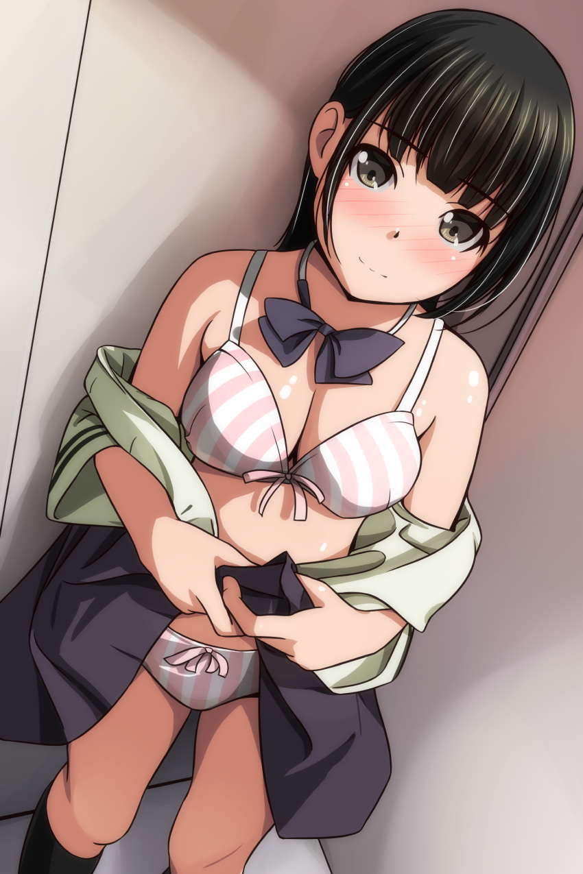 1girl absurdres bangs bare_shoulders black_hair black_skirt black_socks blush bow bow_bra bow_panties bra breasts brown_eyes brown_shirt cleavage closed_mouth clothes_lift feet_out_of_frame highres kneehighs lifted_by_self looking_at_viewer matsunaga_kouyou medium_breasts off_shoulder original panties shirt skirt skirt_lift smile socks solo standing striped striped_bra striped_panties underwear vertical-striped_bra vertical-striped_panties vertical_stripes