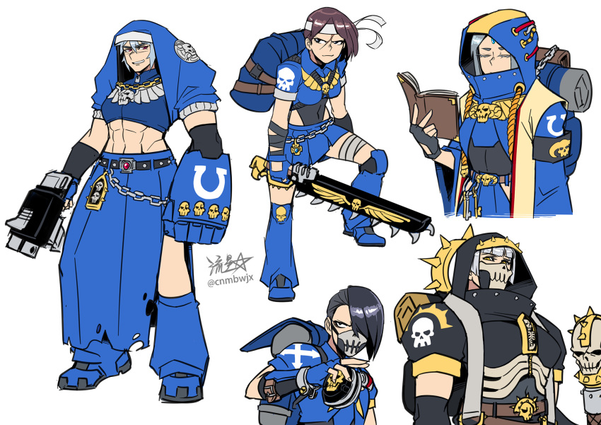 abs adeptus_astartes backpack bag bangs black_eyes black_hair black_hood black_legion blue_hood bolter book brass_knuckles breasts brown_hair chainsword chaos_(warhammer) chaos_space_marine closed_eyes eyeliner fingerless_gloves forehead_jewel genderswap genderswap_(mtf) gloves grey_hair habit hair_over_one_eye headband highres holding holding_book holding_weapon long_skirt makeup mask medium_breasts mouth_mask muscular muscular_female power_fist red_eyes ryuusei_(mark_ii) skirt staff sukeban torn_clothes torn_skirt ultramarines warhammer_40k weapon yellow_eyes