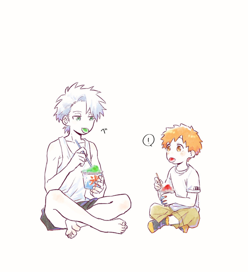 ! 2boys :p barefoot bleach blush brown_eyes choko_egg collarbone commentary crossed_legs eating food full_body green_eyes highres hitsugaya_toushirou holding kurosaki_kazui looking_at_another male_focus multiple_boys orange_hair shaved_ice shirt short_hair short_sleeves shorts sitting socks symbol-only_commentary t-shirt tank_top tongue tongue_out