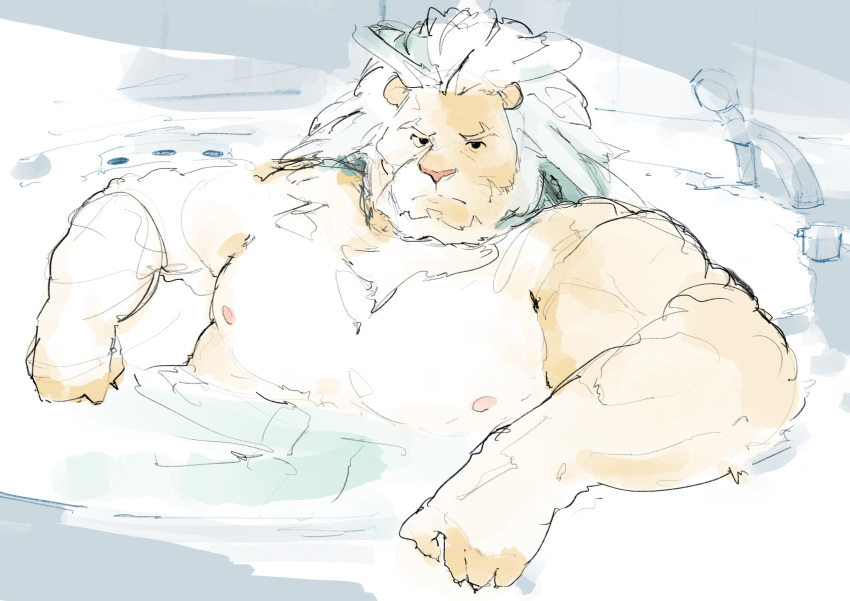 absurd_res anthro arsalan bath bathing felid hi_res lifewonders lion looking_at_viewer lumb_a male mammal muscular muscular_anthro muscular_male nipples pantherine pecs solo tokyo_afterschool_summoners video_games