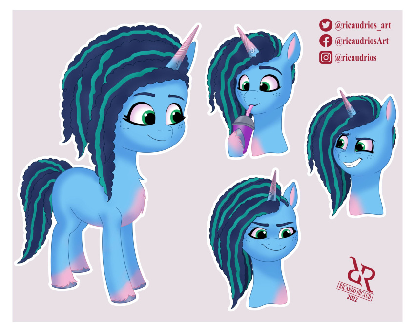 5:4 absurd_res afro beverage blue_body blue_hair blue_hooves border container cup drinking_straw equid equine eyebrows eyelashes female feral freckles green_eyes hair hasbro hi_res holding_object hooves horn mammal misty_(g5) mlp_g5 multicolored_hair my_little_pony nervous_smile ricaudrios simple_background smile solo unicorn unicorn_horn white_border