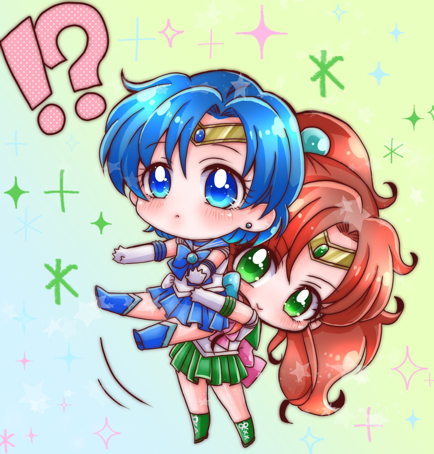 !? 2girls :&gt; :&lt; back_bow bangs bishoujo_senshi_sailor_moon blue_bow blue_bowtie blue_choker blue_eyes blue_footwear blue_gemstone blue_hair blue_sailor_collar blue_skirt bow bowtie brooch brown_hair chibi choker circlet earrings elbow_gloves flower_earrings gem gloves green_eyes green_footwear green_gemstone green_sailor_collar green_skirt hair_bobbles hair_ornament highres jewelry kino_makoto medium_hair miniskirt mizuno_ami multiple_girls pink_bow pink_bowtie pleated_skirt ponytail sailor_collar sailor_jupiter sailor_mercury shirt short_hair short_sleeves sidelocks skirt stud_earrings supernova24_24 swept_bangs white_gloves white_shirt