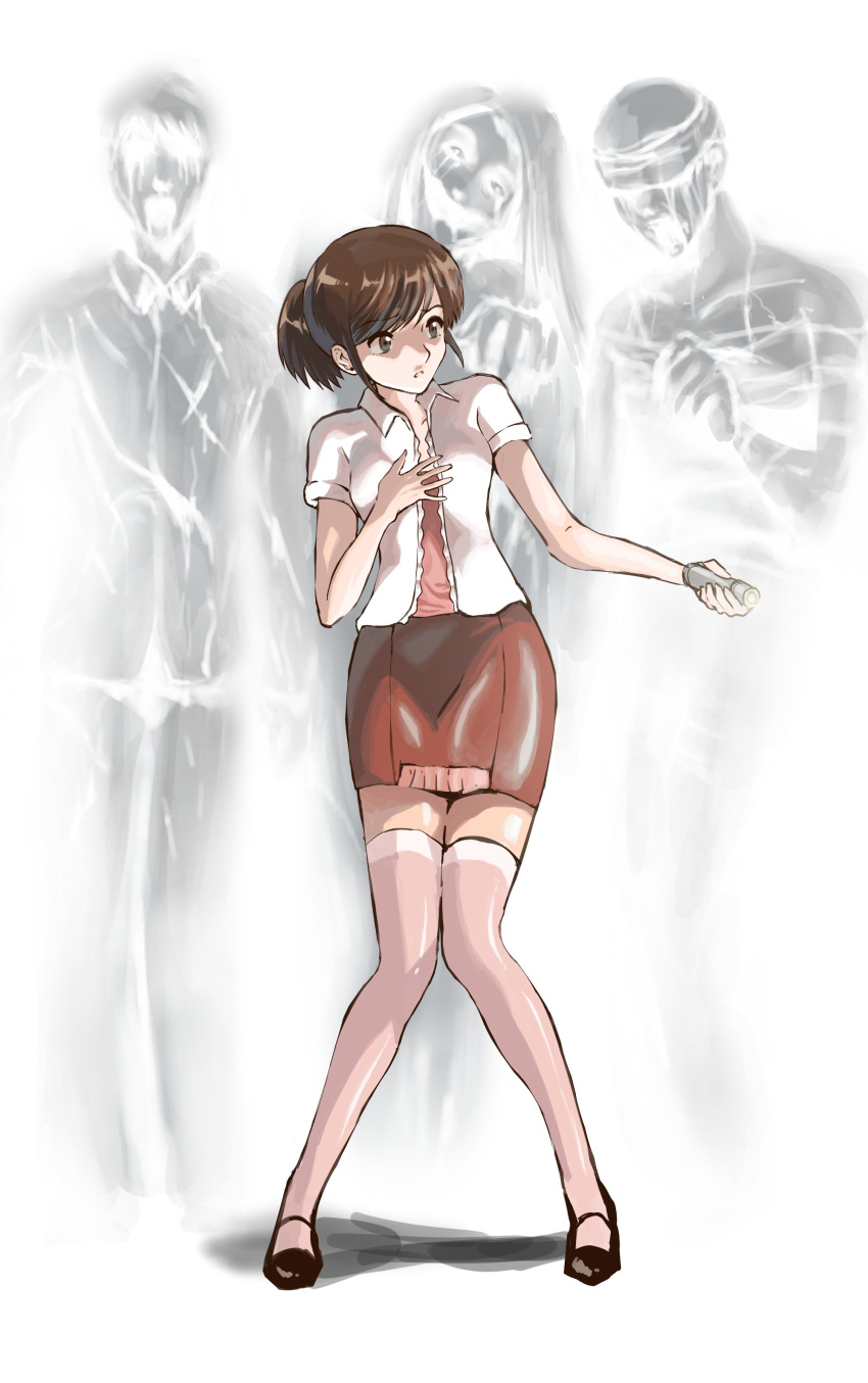 1girl absurdres breasts brown_eyes brown_hair fatal_frame fatal_frame_3 flashlight full_body ghost highres hinasaki_miku holding midnamana multiple_boys short_hair simple_background skirt thighhighs white_background