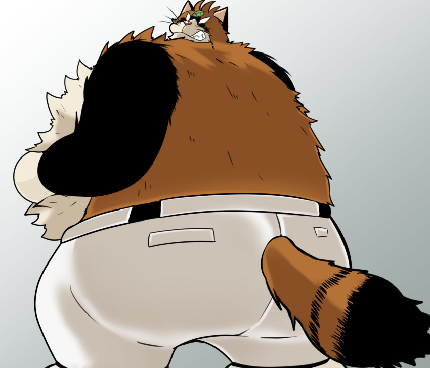 2021 96_gatefield anthro big_butt biped black_body black_fur bottomwear brown_body brown_fur butt canid canine clothing dorabase doraemon fur hi_res kemono leaf mammal overweight pants pokoemon_(character) raccoon_dog simple_background solo tanuki