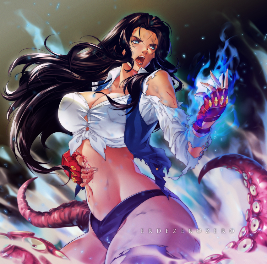 1girl absurdres aura black_hair black_panties blue_eyes breasts commentary commission dc_comics english_commentary erde00 fantasy fingerless_gloves gloves highres large_breasts magic magical_girl midriff navel panties shirt solo stomach tentacles underwear western_comics_(style) white_shirt zatanna_zatara