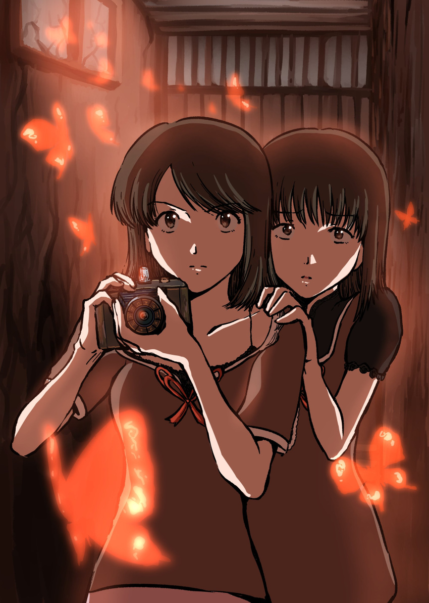 2girls absurdres amakura_mayu amakura_mio black_hair breasts bug butterfly camera closed_mouth dress fatal_frame fatal_frame_2 highres looking_at_viewer midnamana multiple_girls short_hair siblings sisters small_breasts twins