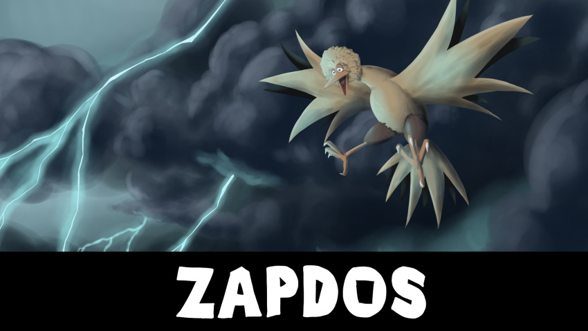 16:9 ambiguous_gender beak big_bird blonde_hair cloud ergomancy flying generation_1_pokemon hair hi_res legendary_pokemon lightning nintendo pokemon pokemon_(species) solo thunder video_games widescreen yellow_body zapdos