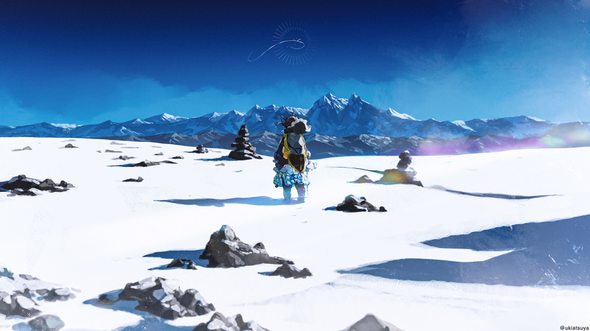 1boy bag blue_sky coat day from_behind highres landscape mountain mountainous_horizon nature original outdoors rock scenery sky snow standing uki_atsuya wide_shot