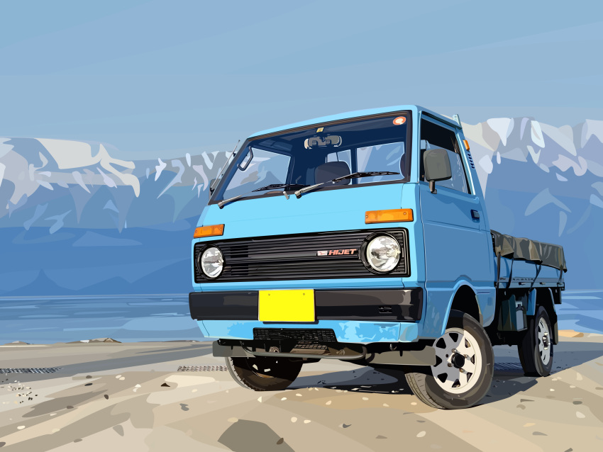 absurdres commission cybernipper daihatsu daihatsu_hijet ground_vehicle headlight highres motor_vehicle mountain no_humans original outdoors pixiv_commission shadow sky solo truck vehicle_focus