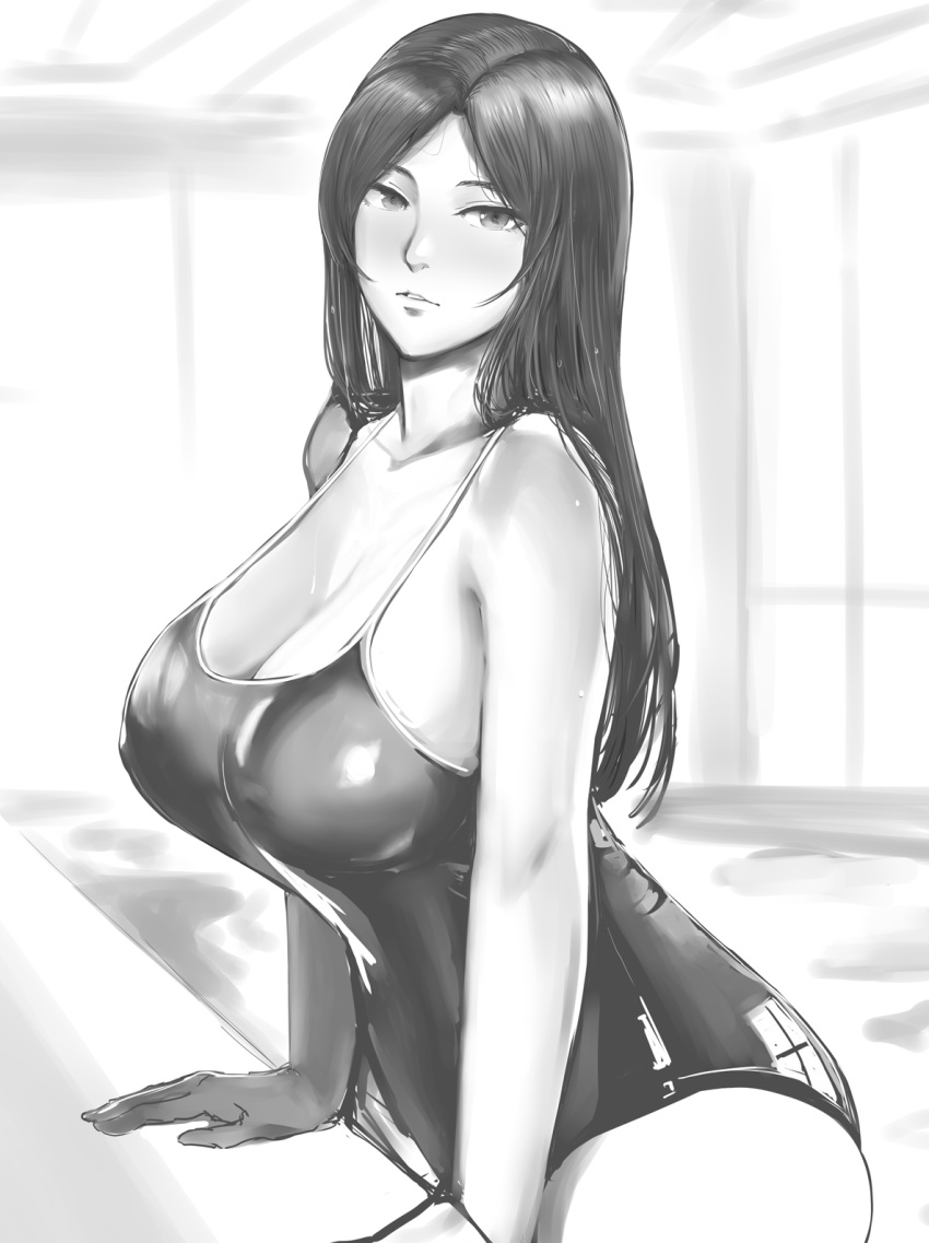 1girl anegawa_eiji arm_support blush breasts cleavage covered_nipples greyscale highres indoors long_hair looking_at_viewer monochrome one-piece_swimsuit original pool solo swimsuit