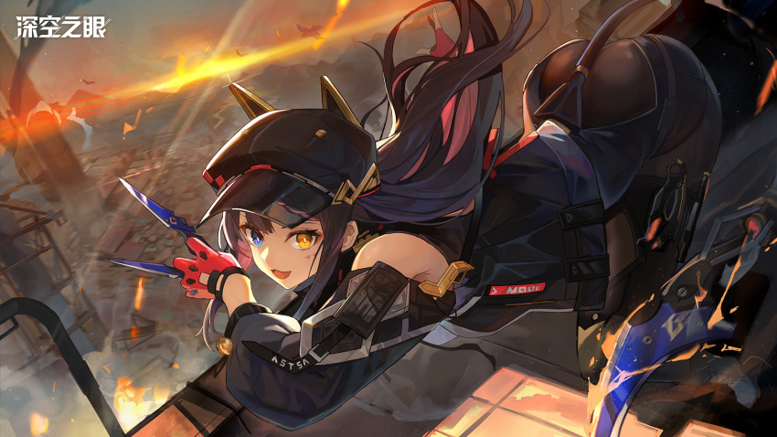 aether_gazer animal_ears artist_request bare_shoulders bastet_(aether_gazer) black_hair black_headwear blue_eyes boots dagger fake_animal_ears gloves highres jacket karambit knife long_hair mechanical_tail official_art red_gloves tail visor_cap weapon yellow_eyes