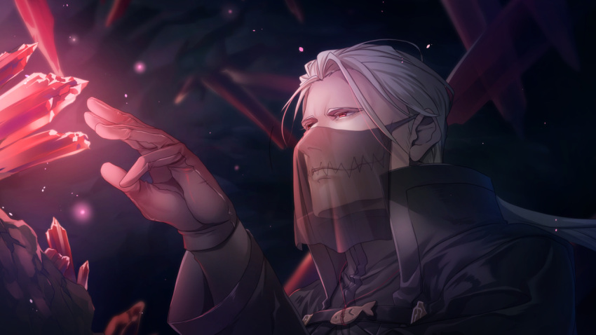 1boy blurry blurry_background cave crystal gloves glowing killingrock long_sleeves male_focus oi_(pfsoz) pixiv_fantasia pixiv_fantasia_scepter_of_zeraldia red_eyes stitches upper_body veil white_hair