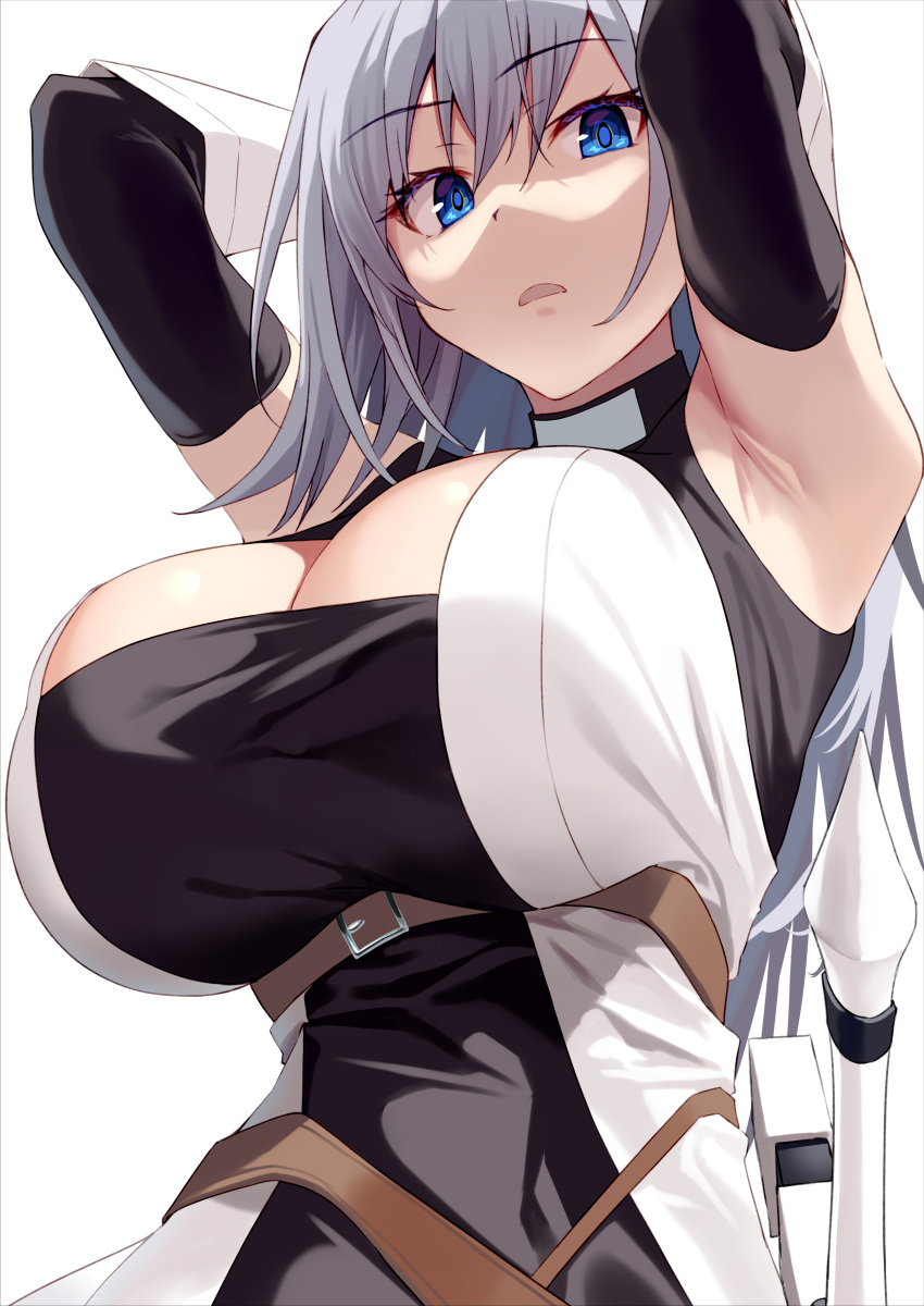 1girl absurdres armpits arms_behind_head arms_up bangs bare_shoulders belt black_dress black_gloves black_thighhighs blue_eyes blush breasts cleavage dress elbow_gloves gloves grey_hair highres large_breasts long_hair looking_at_viewer open_mouth original shaded_face shunichi solo sword thighhighs two-tone_dress weapon white_dress