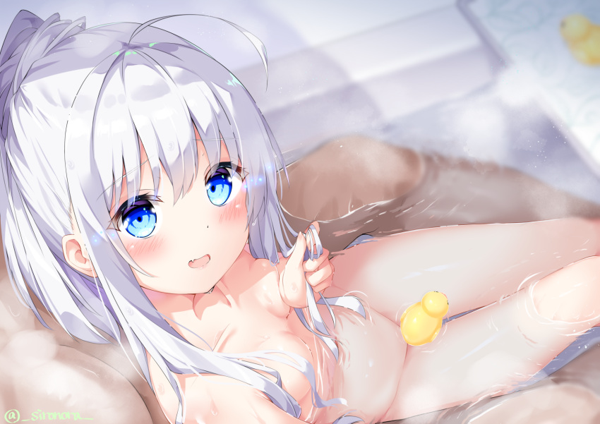 1boy 1girl ahoge artist_name bangs bath bathing bathtub blue_eyes blurry blurry_background blush breasts commentary_request completely_nude convenient_censoring depth_of_field fang hair_over_breasts hand_in_own_hair hetero highres indoors long_hair mixed_bathing nagai_noa_(sironora) nude open_mouth original partially_submerged pov revision rubber_duck sironora sitting skin_fang small_breasts water wet white_hair