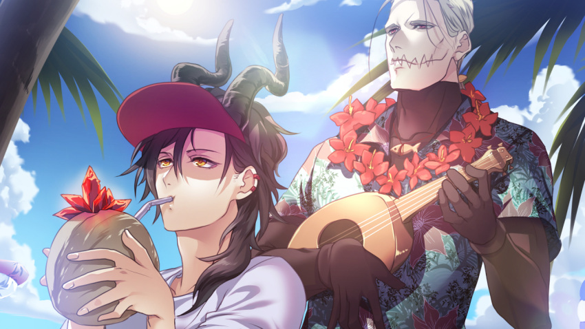 2boys black_gloves black_horns black_spinel_(pfsoz) blue_sky brown_hair cloud coconut crystal day drinking_straw earclip flower flower_necklace gloves hawaiian_shirt horns instrument killingrock lei male_focus medium_hair multiple_boys oi_(pfsoz) pixiv_fantasia pixiv_fantasia_scepter_of_zeraldia red_eyes shirt short_hair short_sleeves sky stitched_mouth stitches sunlight ukulele white_hair white_shirt