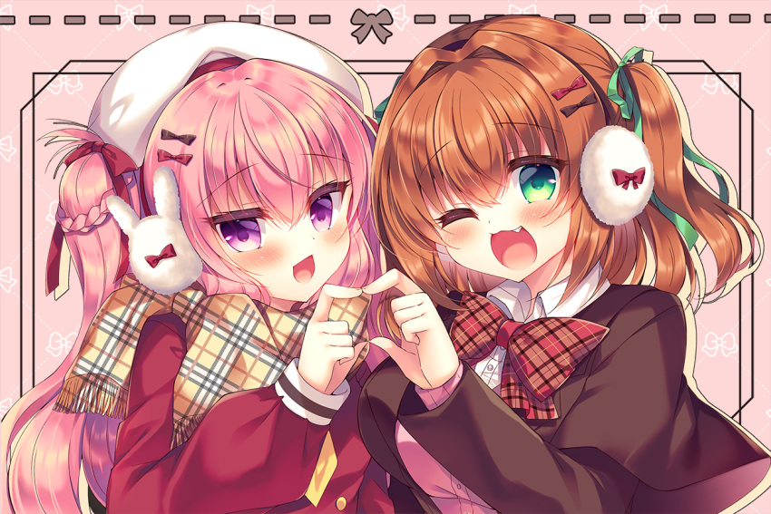 2girls ;d aoki_kaede bangs beret black_bow blush bow breasts brown_bow brown_hair brown_jacket brown_scarf cardigan collared_shirt commentary_request dress_shirt fang fringe_trim green_eyes green_ribbon hair_between_eyes hair_bow hair_intakes hair_ribbon hat heart heart_hands heart_hands_duo jacket large_breasts lilia_chocolanne long_hair long_sleeves looking_at_viewer multiple_girls one_eye_closed original pink_background pink_cardigan pink_hair plaid plaid_bow plaid_scarf puffy_long_sleeves puffy_sleeves purple_eyes red_bow red_shirt ribbon scarf shirt smile suzunone_rena two_side_up upper_body very_long_hair white_headwear white_shirt