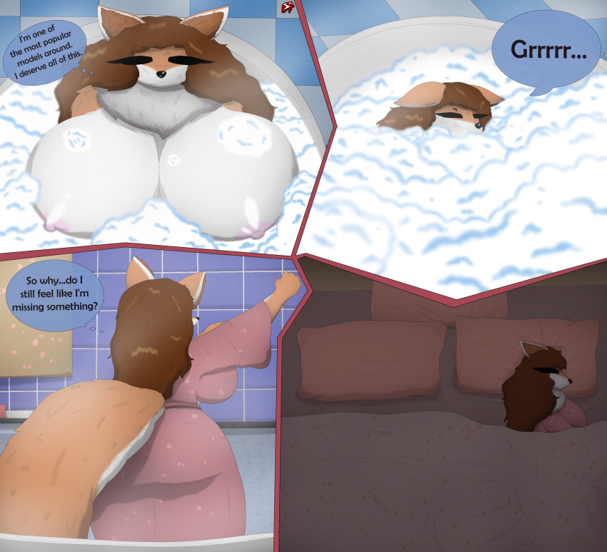 absurd_res anthro bathing bathroom bathtub bed bedroom big_breasts big_butt breasts brown_hair bubble_bath butt canid canine canis clothed clothing countershade_arms countershade_face countershade_torso countershading dialogue domestic_dog english_text female fluffy fluffy_tail freckles fur furniture hair hi_res huge_breasts huge_butt husky inner_ear_fluff mammal maya_ichiso model neck_tuft nightgown nipples nordic_sled_dog nude orange_body orange_fur pink_nipples red_husky sleeping slightly_chubby solo spitz steam stylish_apollo text tired tuft white_body white_fur wide_hips