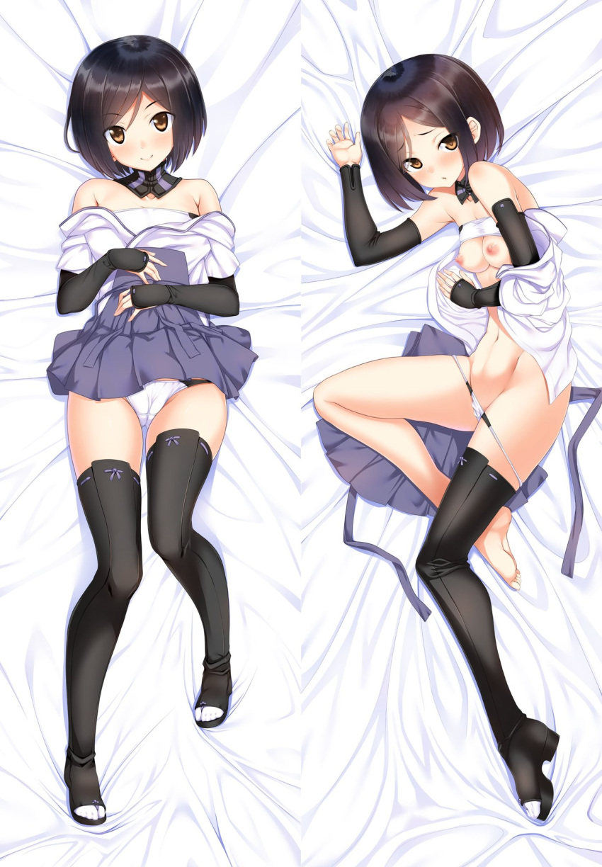 1girl a9b_(louis814) bare_shoulders black_hair black_thighhighs blush bra bra_lift breasts brown_eyes cameltoe closed_mouth dakimakura_(medium) highres kuroda_kunika looking_at_viewer lying multiple_views navel nipples noble_witches on_back on_side panties shiny shiny_hair short_hair small_breasts smile thighhighs underwear white_panties world_witches_series