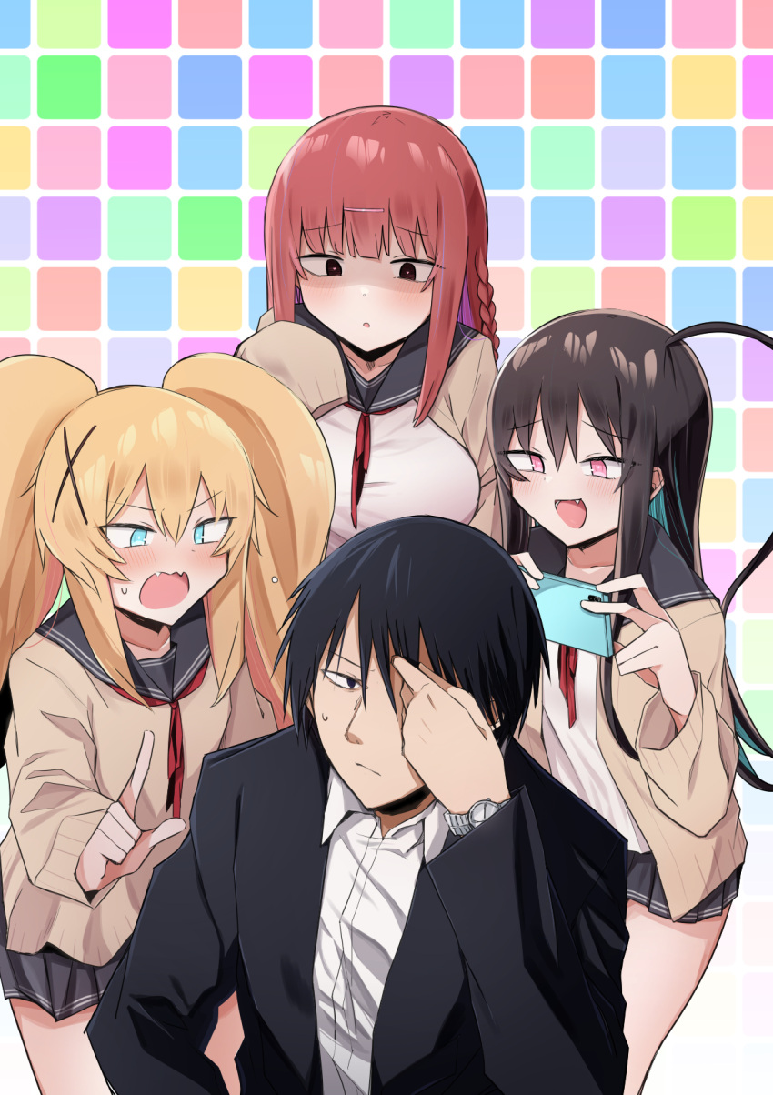 1boy 3girls bangs black_eyes black_hair black_skirt blonde_hair blush braid brown_cardigan cardigan cellphone collarbone dress_shirt fang formal green_eyes hair_between_eyes hair_ornament hairclip heart heart-shaped_pupils highres kirizaki_soichi kitsuregawa_yuki long_hair long_sleeves multiple_girls open_mouth phone pink_eyes red_eyes red_hair sailor_collar school_uniform serafuku shirt side_ponytail single_braid skirt sleeves_past_wrists smartphone smile suit symbol-shaped_pupils twintails very_long_hair watarase_momoka watch white_shirt wristwatch x_hair_ornament yuzukami_chika zaako_zako_zako_zako_sensei zeroyon_(yukkuri_remirya)