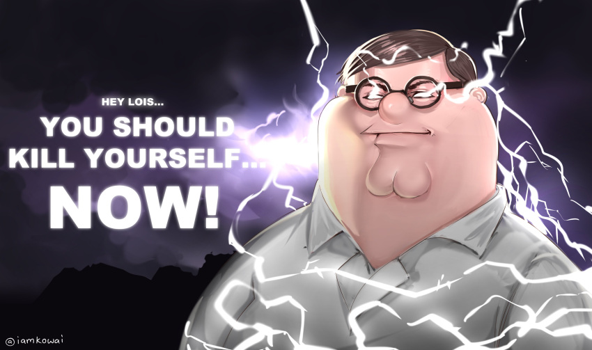 1boy absurdres brown_hair collared_shirt double_chin electricity english_commentary english_text family_guy fat fat_man highres kowai_(iamkowai) male_focus meme peter_griffin portrait shirt short_hair solid_eyes solo twitter_username white_eyes white_shirt you_should_kill_yourself_now_(meme)