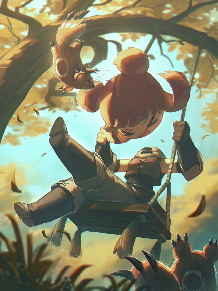 &gt;_&lt; 1girl :d absurdres animal autumn autumn_leaves disembodied_head dullahan english_commentary enne_(porforever) falling_leaves fantasy fingerless_gloves gloves headless highres leaf original porforever red_hair rope short_twintails sitting sleeveless smile solo swing swinging tree twintails