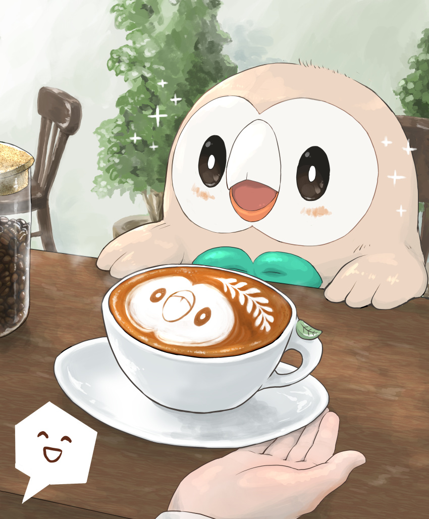 1other absurdres bird blush bright_pupils chair coffee coffee_beans commentary_request cup highres hiyoko_kurabu jar leaf looking_up open_mouth owl plant pokemon pokemon_(creature) potted_plant rowlet saucer sparkle spoken_expression steam table teacup white_pupils